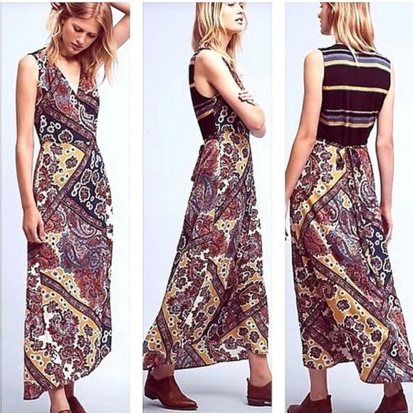 ANTHRO Tiny Mountaire Bohemian-Chic Faux Wrap Paisley Maxi Dress $178. XS - Picture 1 of 5